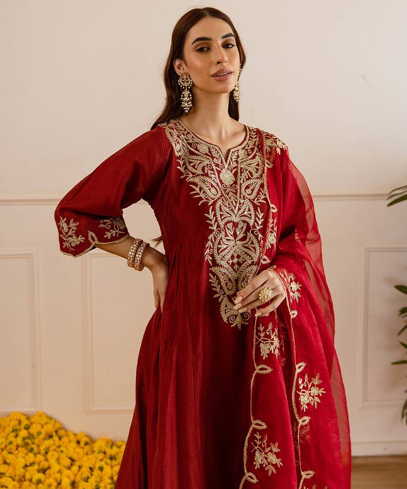 Maroon embroidered chanderi kurta set