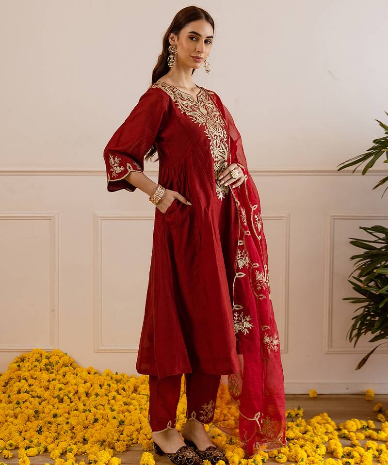 Maroon embroidered chanderi kurta set