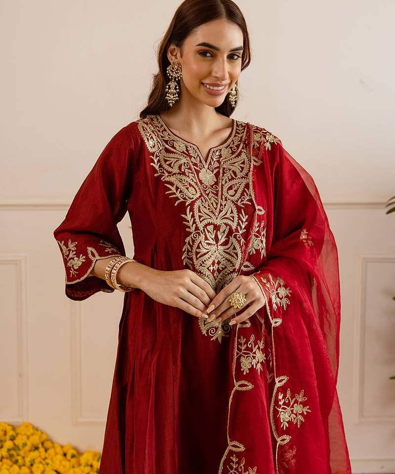 Maroon embroidered chanderi kurta set
