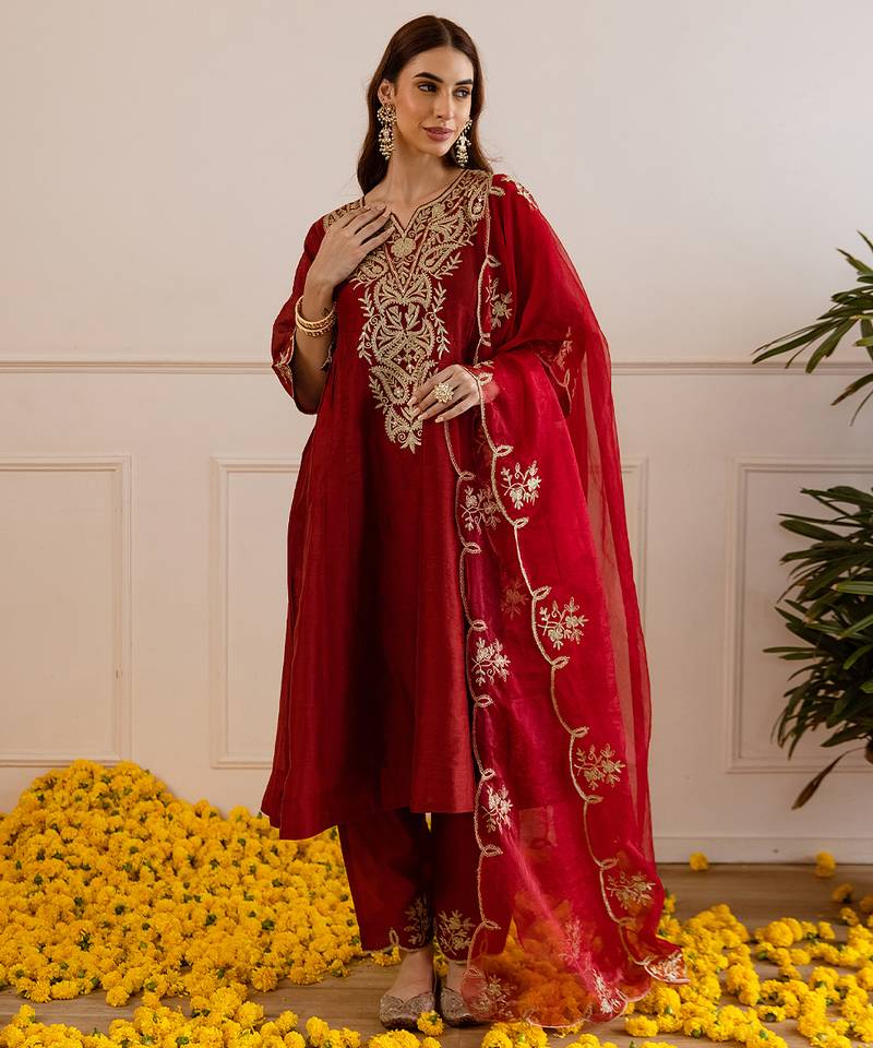 Maroon embroidered chanderi kurta set