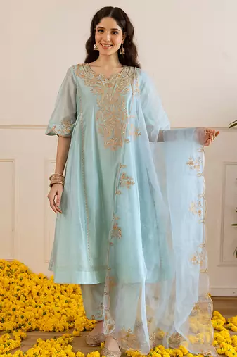 Sky blue embroidered chanderi kurta set