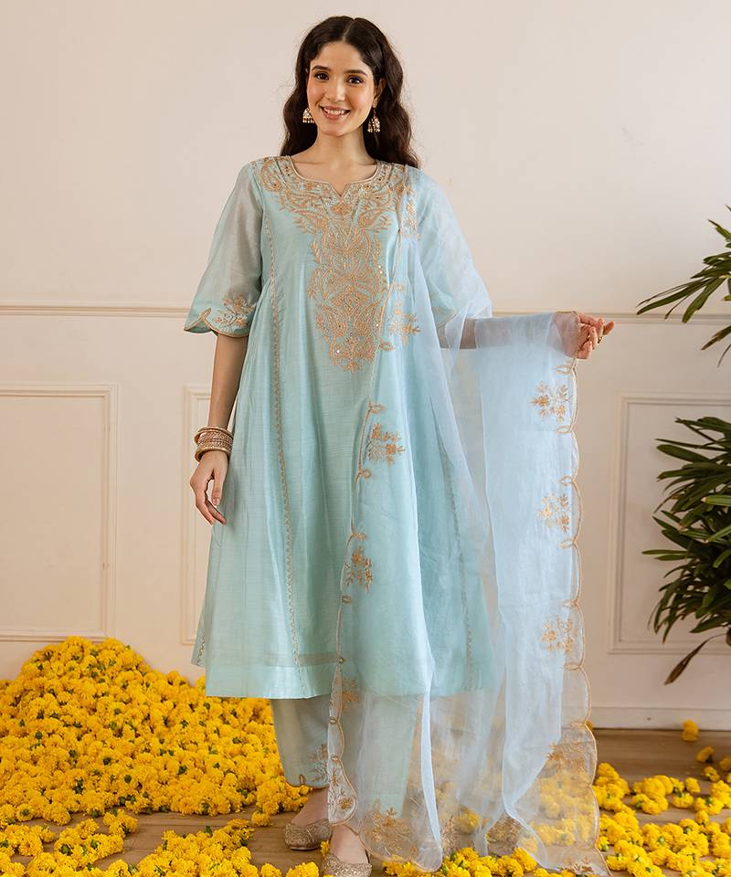 Sky blue embroidered chanderi kurta set