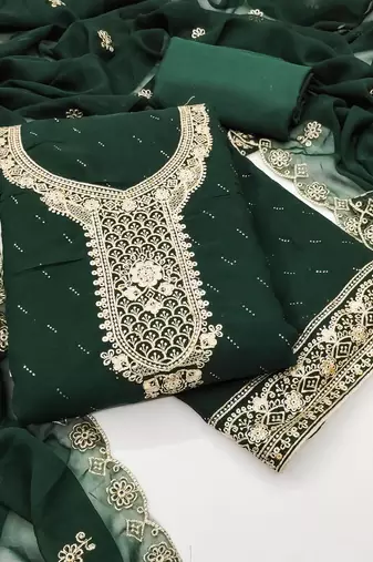 Women's dark green georgette embroidered unstitched dress material
