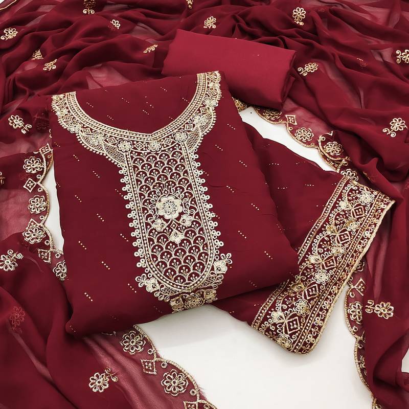 Women's maroon georgette embroidered unstitched dress material