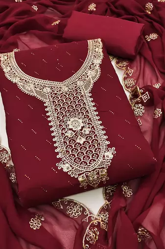Women's maroon georgette embroidered unstitched dress material
