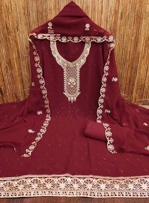 Women's maroon georgette embroidered unstitched dress material 3