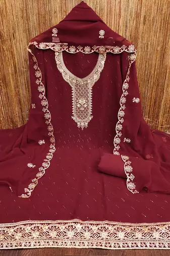 Women's maroon georgette embroidered unstitched dress material