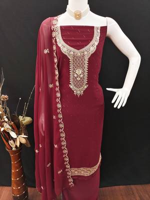 Women's maroon georgette embroidered unstitched dress material 4
