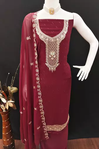 Women's maroon georgette embroidered unstitched dress material