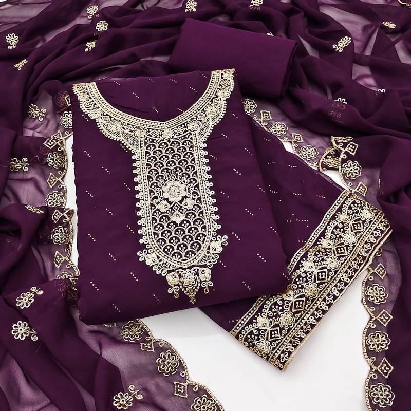 Women's wine georgette embroidered unstitched dress material