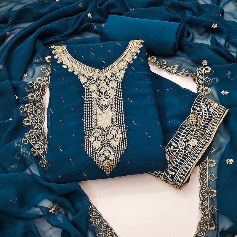 Women's blue georgette embroidered unstitched dress material