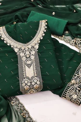 Women's dark green georgette embroidered unstitched dress material