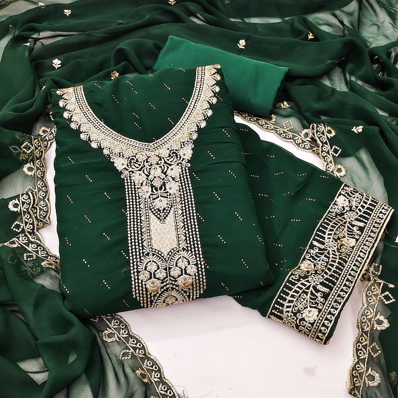 Women's dark green georgette embroidered unstitched dress material