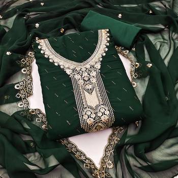 Women's dark green georgette embroidered unstitched dress material 2