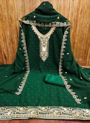 Women's dark green georgette embroidered unstitched dress material 3