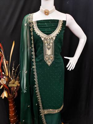 Women's dark green georgette embroidered unstitched dress material 4