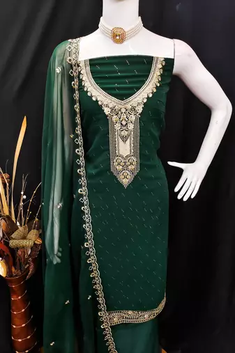 Women's dark green georgette embroidered unstitched dress material