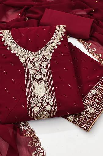 Women's maroon georgette embroidered unstitched dress material