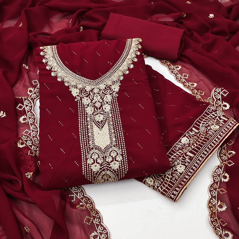 Women's maroon georgette embroidered unstitched dress material