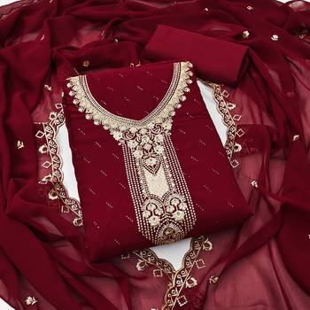 Women's maroon georgette embroidered unstitched dress material 2