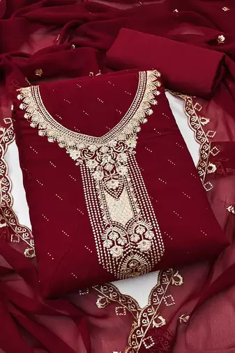 Women's maroon georgette embroidered unstitched dress material