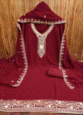 Women's maroon georgette embroidered unstitched dress material 3