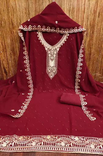Women's maroon georgette embroidered unstitched dress material