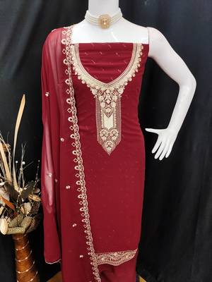 Women's maroon georgette embroidered unstitched dress material 4