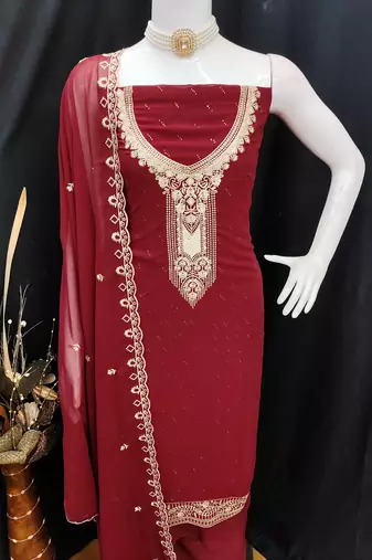 Women's maroon georgette embroidered unstitched dress material