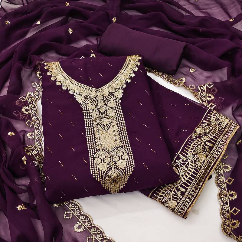 Women's wine georgette embroidered unstitched dress material