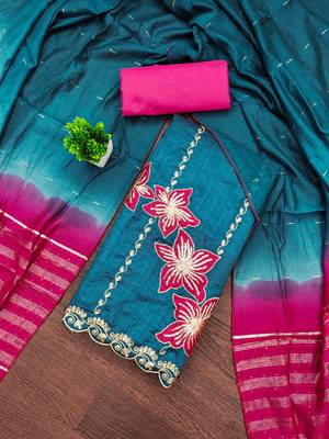 Women's blue coco silk embroidered unstitched dress material 1