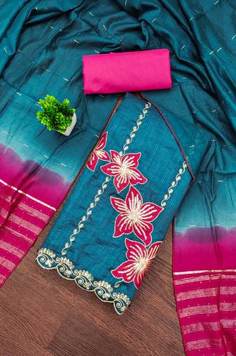 Women's blue coco silk embroidered unstitched dress material