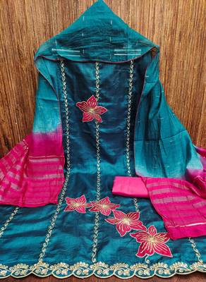 Women's blue coco silk embroidered unstitched dress material 3