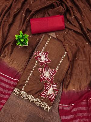 Women's brown coco silk embroidered unstitched dress material 1