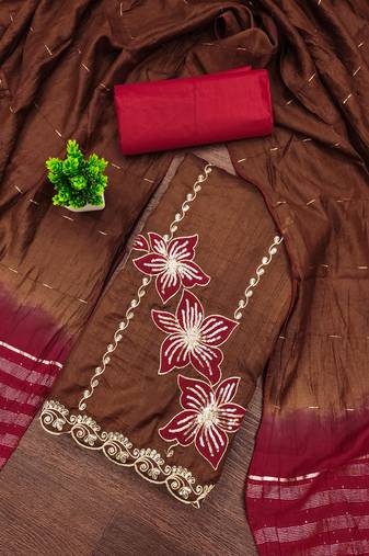 Women's brown coco silk embroidered unstitched dress material