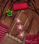 Women's brown coco silk embroidered unstitched dress material