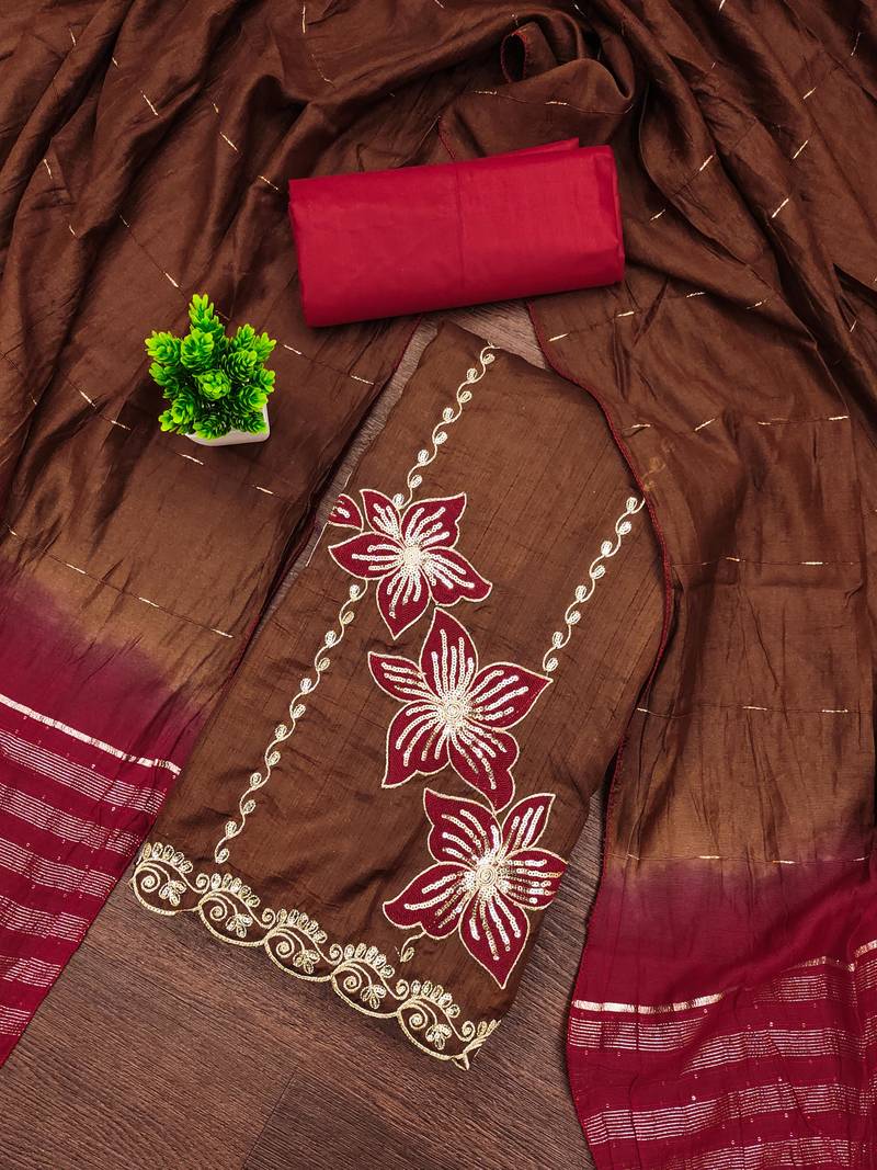 Women's brown coco silk embroidered unstitched dress material