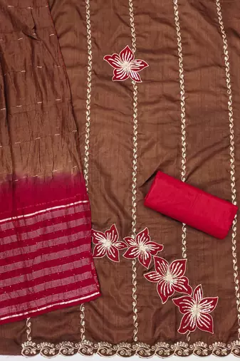 Women's brown coco silk embroidered unstitched dress material