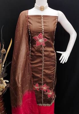 Women's brown coco silk embroidered unstitched dress material 4
