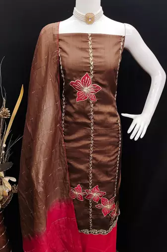 Women's brown coco silk embroidered unstitched dress material
