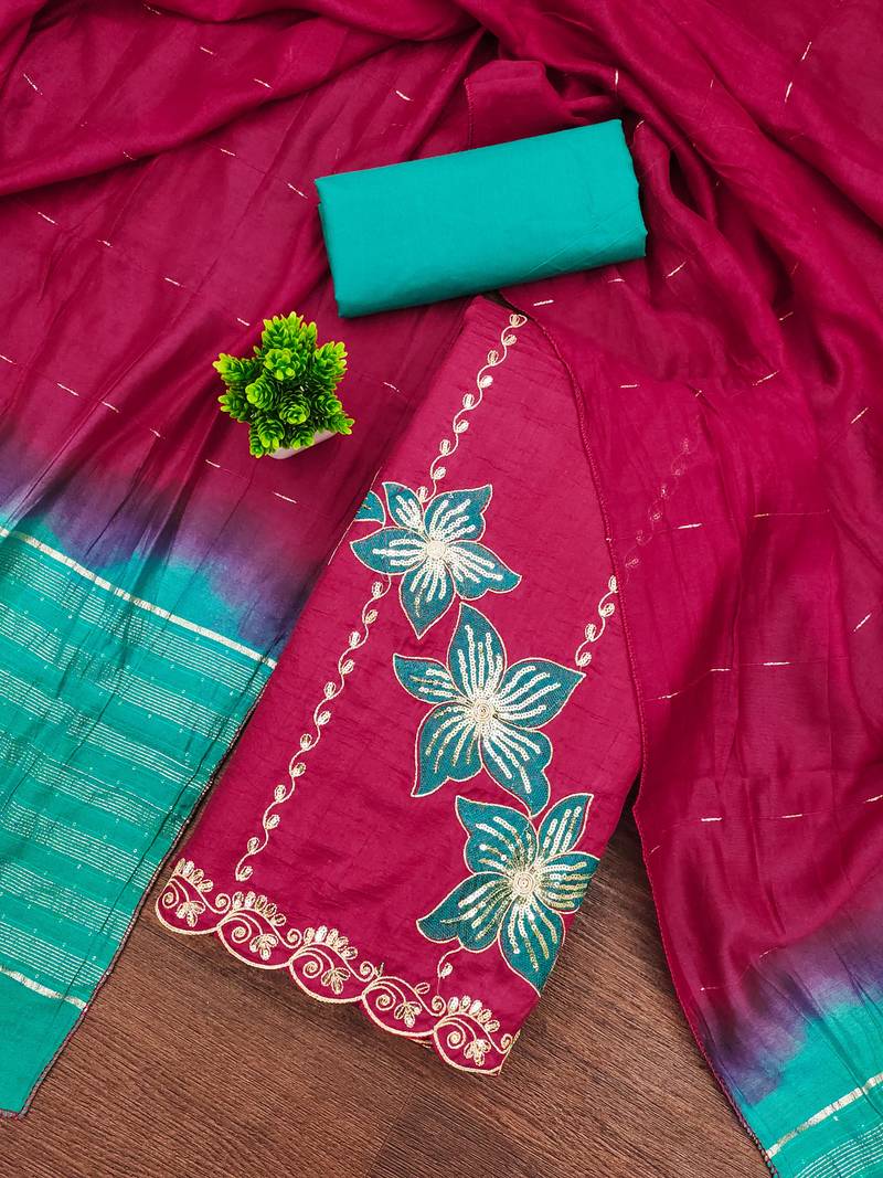 Women's pink coco silk embroidered unstitched dress material