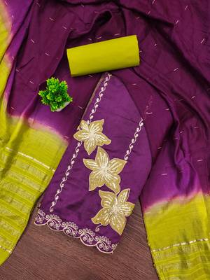 Women's purple coco silk embroidered unstitched dress material 1