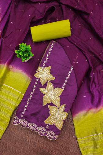 Women's purple coco silk embroidered unstitched dress material