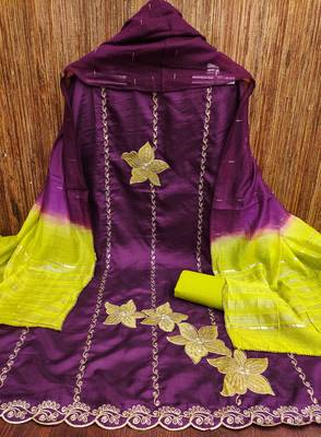 Women's purple coco silk embroidered unstitched dress material 3