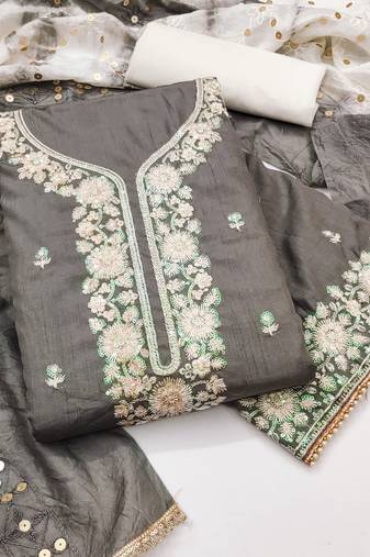 Women's grey coco silk embroidered unstitched dress material