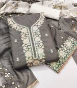 Women's grey coco silk embroidered unstitched dress material