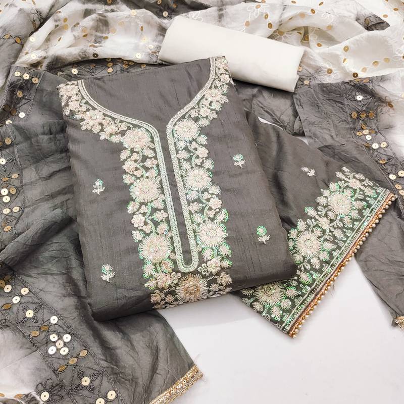 Women's grey coco silk embroidered unstitched dress material