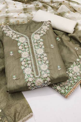 Women's olive coco silk embroidered unstitched dress material