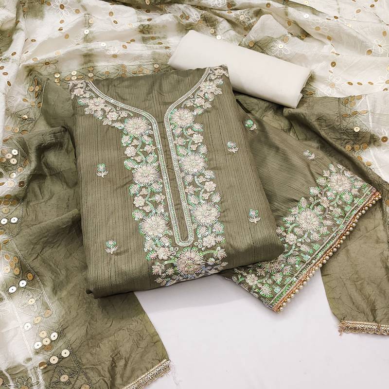 Women's olive coco silk embroidered unstitched dress material