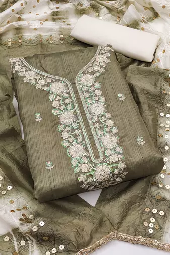 Women's olive coco silk embroidered unstitched dress material